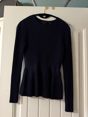 Ted Baker Navy Ribbed Long-Sleeve Peplum Top